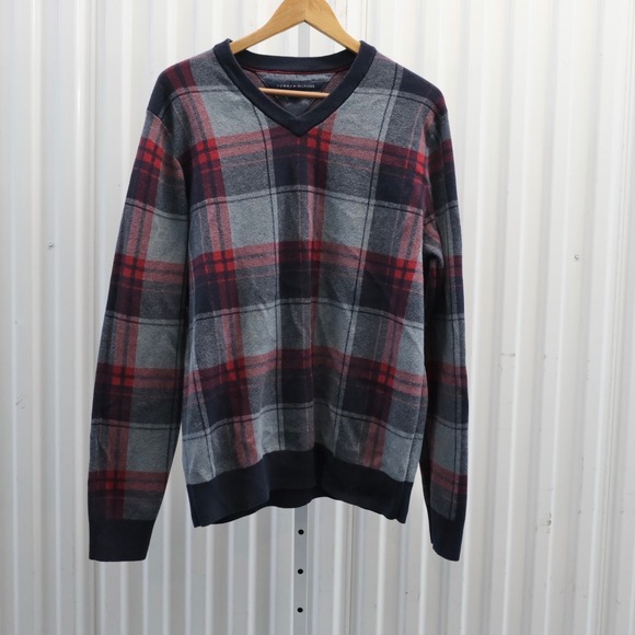 Tommy Hilfiger Other - Tommy Hilfiger Plaid V-Neck Sweater Men's Large Gray Red Cotton Blend